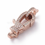 Brass Micro Pave Cubic Zirconia Lobster Claw Clasps, with Bail Beads/Tube Bails, Clear, Real Rose Gold Plated, 22.8x12x4.8mm, Hole: 4mm(ZIRC-G160-26RG)