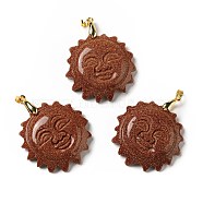 Synthetic Goldstone Pendants, with Golden Tone Brass Findings, Lead Free & Cadmium Free, Sun with Smiling Face, 42x34~35x10.5mm, Hole: 3.8x5mm(G-E043-01B-08G)