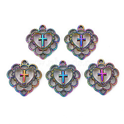 Alloy Pendants, Crosslet Heart Pendants, Cadmium Free & Nickel Free & Lead Free, Heart with Cross, Rainbow Color, 21.5x20x3mm, Hole: 1.4mm(X-PALLOY-S180-124-NR)