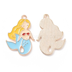 Alloy Enamel Pendants, Mermaid Charm, Light Gold, Light Sky Blue, 27x18x1.5mm, Hole: 1.5mm(PALLOY-D015-02)