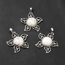 Natural Howlite Pendants, Flower Charms, with Rack Plating Platinum Tone Brass Findings, Cadmium Free & Lead Free, 38x37x7~7.5mm, Hole: 8x5mm(G-B033-02P-16)