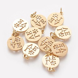 304 Stainless Steel Pendants, Flat Round with Word Love, Golden, 14x12x1mm, Hole: 3mm(STAS-Q201-T450G)