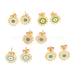 Sun with Evil Eye Real 18K Gold Plated Brass Stud Earrings, with Enamel, Mixed Color, 9.5mm(EJEW-L269-056G)
