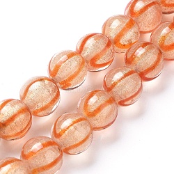 Handmade Lampwork Beads Strands, Gold Powder, Round, Orange, 12x11~11.5mm, Hole: 1.6mm, about 30pcs/strand, 13.1 inch(33.5cm)(LAMP-G140-05B)