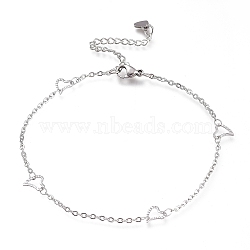 304 Stainless Steel Cable Chain Anklets, with Textured Heart Links and Lobster Claw Clasps, Stainless Steel Color, 9-1/8 inch(23cm)(AJEW-M026-08P)