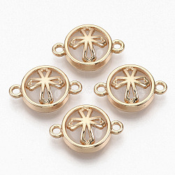 Glass Links connectors, with Light Gold Plated Alloy Findings, Flat Round with Cross, Clear, 13.5x19.5x5.5mm, Hole: 1.6mm(GLAA-T015-12H)