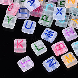 Transparent Frosted Acrylic Multi-Strand Links, for Tile Elastic Bracelets Making, Square with Letter, Mixed Letter, Mixed Color, 8x8x4mm, Hole: 1.5mm(X-MACR-N008-38)