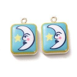 Printed Alloy with Acrylic Pendants, with Iron Ring, Rectangle with Moon Charms, Deep Sky Blue, Golden, 24x16x6mm, Hole: 2mm(AL-CBAE25B-02B-G)