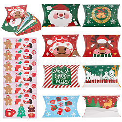 BENECREAT 32Pcs 8 Styles Christmas Foldable Paper Candy Pillow Box, Christmas Party Gift Package, with 6 Sheets Christmas Hang Tags Sheets, Mixed Color, Box:7.4x12x2.75cm(CON-BC0006-94)