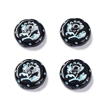 Opaque Acrylic Beads, Metal Enlaced, Flat Round with Flower Pattern, Black, 17.5~18x5~5.5mm, Hole: 1.8mm, about 399pcs/500g