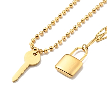 2Pcs 2 Style Key and Padlock Pendant Necklaces Set, Ion Plating(IP) 304 Stainless Steel Jewelry for Women, Golden, 17.40~22.44 inch(44.2~57cm), 1Pc/style