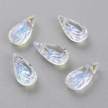 Embossed Glass Rhinestone Pendants, Teardrop, Faceted, Crystal Shimmer, 14x7x4mm, Hole: 1.2mm