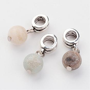 Large Hole Alloy European Dangle Charms, with Natural Gemstone Pendants, Flower Amazonite , Round, Antique Silver, 22mm, Hole: 5mm
