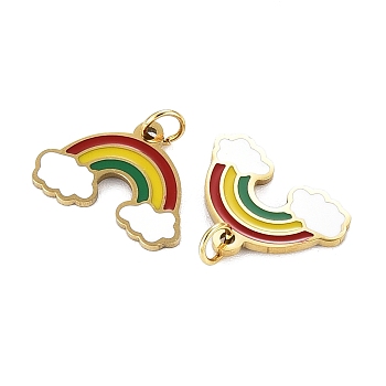 316 Surgical Stainless Steel Enamel Charms, with Jump Rings, Rainbow with Cloud, Colorful, Real 14K Gold Plated, 11x15x1mm, Jump Ring: 3.8x0.6mm, 2.6mm inner diameter