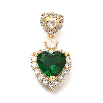 Brass Micro Pave Clear Cubic Zirconia Pendants, with Faceted Glass, Heart, Real 18K Gold Plated, Dark Green, 29mm, Hole: 5x4mm