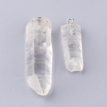 Natural Quartz Crystal Pendants, Rock Crystal Pendants, with Platinum Tone Brass Findings, Nuggets, 32~47x11~16x8~13mm, Hole: 2mm