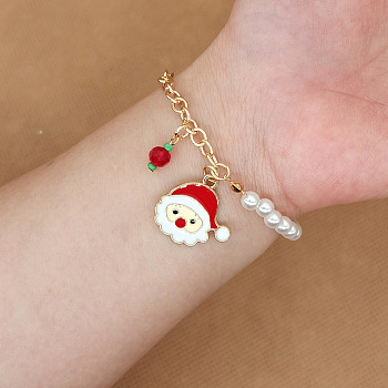 Christmas Jewelry, Alloy Enamel Charm Bracelets for Women, with Plastic Imitation Pearl, Santa Claus