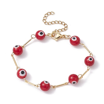 Lampwork Evil Eye Link Chain Bracelets, with Golden Brass Bar Link Chains, Red, 7 inch(17.8cm)