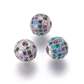 Brass Micro Pave Cubic Zirconia Beads, Round, Colorful, Platinum, 8x7.5mm, Hole: 2mm