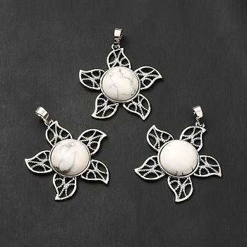 Natural Howlite Pendants, Flower Charms, with Rack Plating Platinum Tone Brass Findings, Cadmium Free & Lead Free, 38x37x7~7.5mm, Hole: 8x5mm