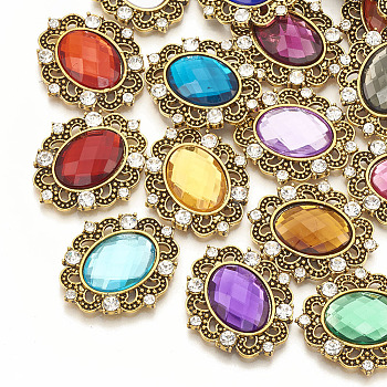 Alloy Acrylic Rhinestone Cabochons, with Rhinestone, Faceted, Oval, Antique Golden, Mixed Color, 31x27x5mm