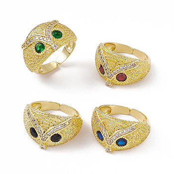 Cubic Zirconia Owl Open Cuff Rings, Golden Brass Jewelry for Women, Mixed Color, US Size 6 1/2(16.9mm)