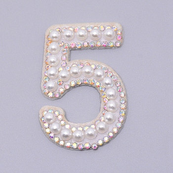 Imitation Pearls Patches, Iron/Sew on Appliques, with Glitter Rhinestone, Costume Accessories, for Clothes, Bag Pants, Number, Num.5, 45x29.5x4.5mm