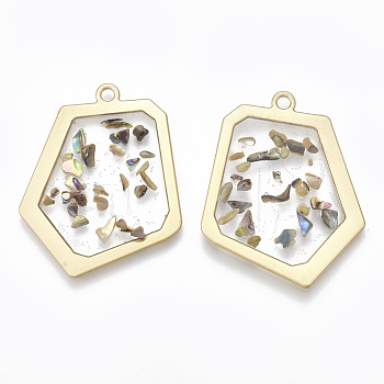 Epoxy Resin Pendants, with Shell Inside and Alloy Findings, Nuggets, Matte Gold Color, 38.5x30.5x2mm, Hole: 2mm