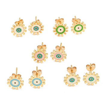Sun with Evil Eye Real 18K Gold Plated Brass Stud Earrings, with Enamel, Mixed Color, 9.5mm