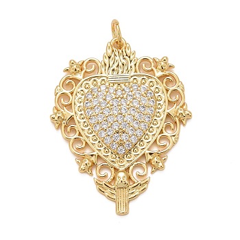 Rack Plating Brass Micro Pave Clear Cubic Zirconia Pendants, Cadmium Free & Nickel Free & Lead Free, Long-Lasting Plated, with Jump Ring, Heart, Real 18K Gold Plated, 31x24x2.5mm, Jump Ring: 5x0.5mm, Inner diameter: 3.5mm
