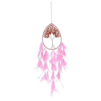 Wire Wrapped Natural Agate Chip Teardrop with Tree of Life Wind Chime, Feather Tassel for Home Window Hanging Ornaments, 640x200mm