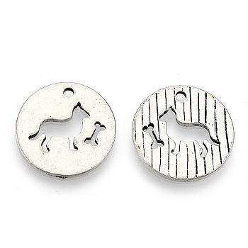 Tibetan Style Alloy Pendants, Cadmium Free & Lead Free, Flat Round with Dog, Antique Silver, 19.5x1.5mm, Hole: 1.8mm