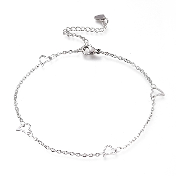304 Stainless Steel Cable Chain Anklets, with Textured Heart Links and Lobster Claw Clasps, Stainless Steel Color, 9-1/8 inch(23cm)