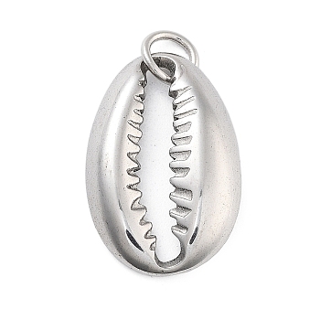 304 Stainless Steel Pendants, with Jump Ring, Cowrie Shell, Platinum, 18.7x12.5x3mm, Hole: 4mm