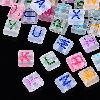 Transparent Frosted Acrylic Multi-Strand Links, for Tile Elastic Bracelets Making, Square with Letter, Mixed Letter, Mixed Color, 8x8x4mm, Hole: 1.5mm