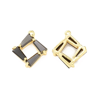 Black Glass Pendnants, with Brass Findings, Rhombus Charms, Real 18K Gold Plated, 15x13.5x4mm, Hole: 0.9mm