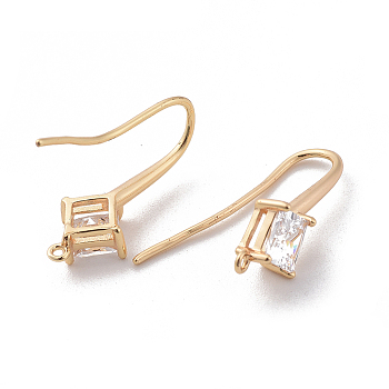 Brass Earring Hook, Ear Wire, with Cubic Zirconia and Vertical Loop, Clear, Real 18K Gold Plated, 24x9mm, Hole: 1.2mm, Pin: 1mm