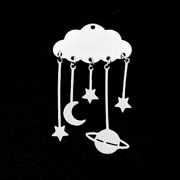 201 Stainless Steel Pendants, Laser Cut, Cloud with Moon, Star & Planet, Stainless Steel Color, 49x27.5mm, Hole: 1.5mm