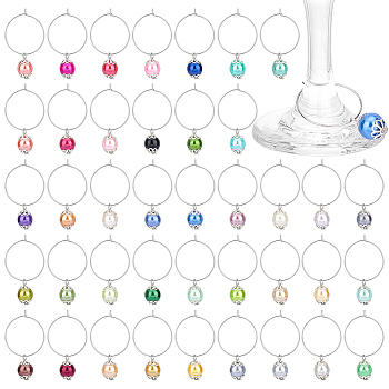 Baking Painted Pearlized Glass Pearl Wine Glass Charms, with 316 Surgical Stainless Steel Hoop Earrings Findings, Round, Mixed Color, 43mm, 40 colors, 1pc/color, 40pcs/set