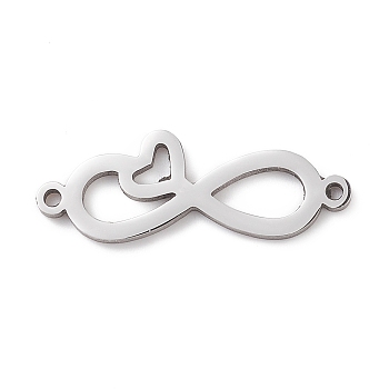 304 Stainless Steel Links, Infinity with Heart, Stainless Steel Color, 10.5x26.5x1.5mm, Hole: 1.2mm