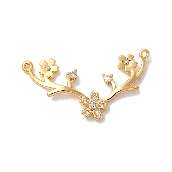 Brass Pave Clear Cubic Zirconia Flower with Deer Horn Links Connector Charms, Nickel Free, Long-Lasting Plated, Real 18K Gold Plated, 12x28x2mm, Hole: 0.8mm