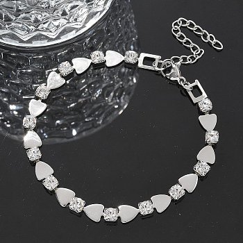 304 Stainless Steel Rhinestone Cup Chain Bracelets for Women, Heart, Stainless Steel Color, 6-1/2 inch(16.6cm)