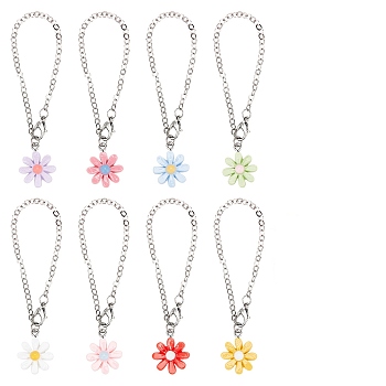Daisy Flower Opaque Resin Cup Pendant Decorations, with Brass Cable Chain and Alloy Lobster Claw Clasps, Mixed Color, 162mm, 8 colors, 2pcs/color, 16pcs/set