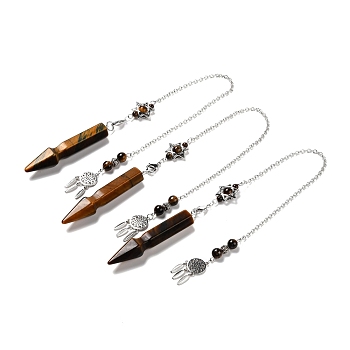 Natural Tiger Eye Pointed Dowsing Pendulums, with Eco-Friendly Brass Findings, Platinum, Cadmium Free & Lead Free, Bullet, 31.35cm