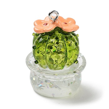 Transparent Resin Plant Pendants, Potted Cactus Charms with Platinum Tone Iron Loops, Yellow Green, 33x23x23mm, Hole: 2mm