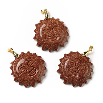 Synthetic Goldstone Pendants, with Golden Tone Brass Findings, Lead Free & Cadmium Free, Sun with Smiling Face, 42x34~35x10.5mm, Hole: 3.8x5mm