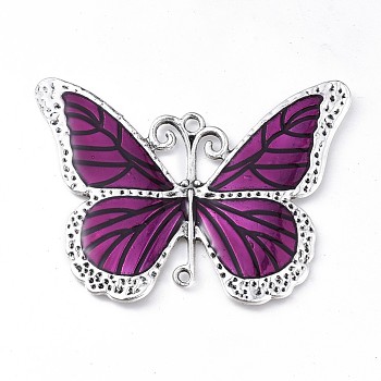 Alloy Enamel Big Pendants, Butterfly, Antique Silver, Purple, 64x86x3mm, Hole: 3.5mm and 2.5mm