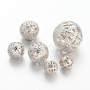 Iron Filigree Beads, Filigree Ball, Round, Platinum Color, Size: about 6~16mm in diameter, 6~15mm thick, hole: 1~6mm, about 200g/bag(E589Y-NF)