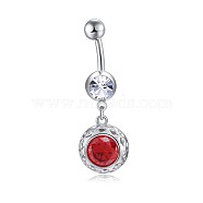 Brass Cubic Zirconia Navel Ring, Belly Rings, with 304 Stainless Steel Bar, Cadmium Free & Lead Free, Flat Round, Red, 39mm, Bar: 15 Gauge(1.5mm), Bar Length: 3/8"(10mm)(AJEW-EE0004-40A-P)