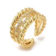 Rack Plating Real 18K Gold Plated Brass Hollow Rectangle Open Cuff Rings, with Cubic Zirconia, Long-Lasting Plated, Lead Free & Cadmium Free, Clear, US Size 7 1/4(17.5mm)(RJEW-B048-03G)